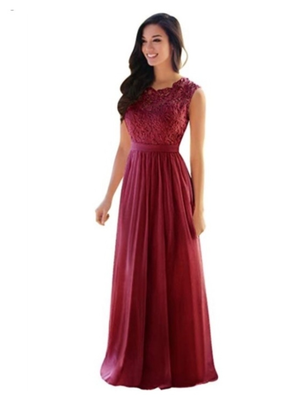 Sleeveless Lace Bodice Burgundy Evening Dress